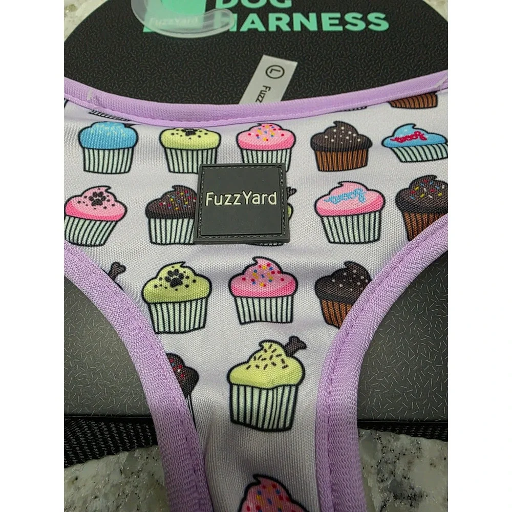 FuzzYard Dog Harness Large Cupcake Print Purple Trim Adjustable Soft Halter